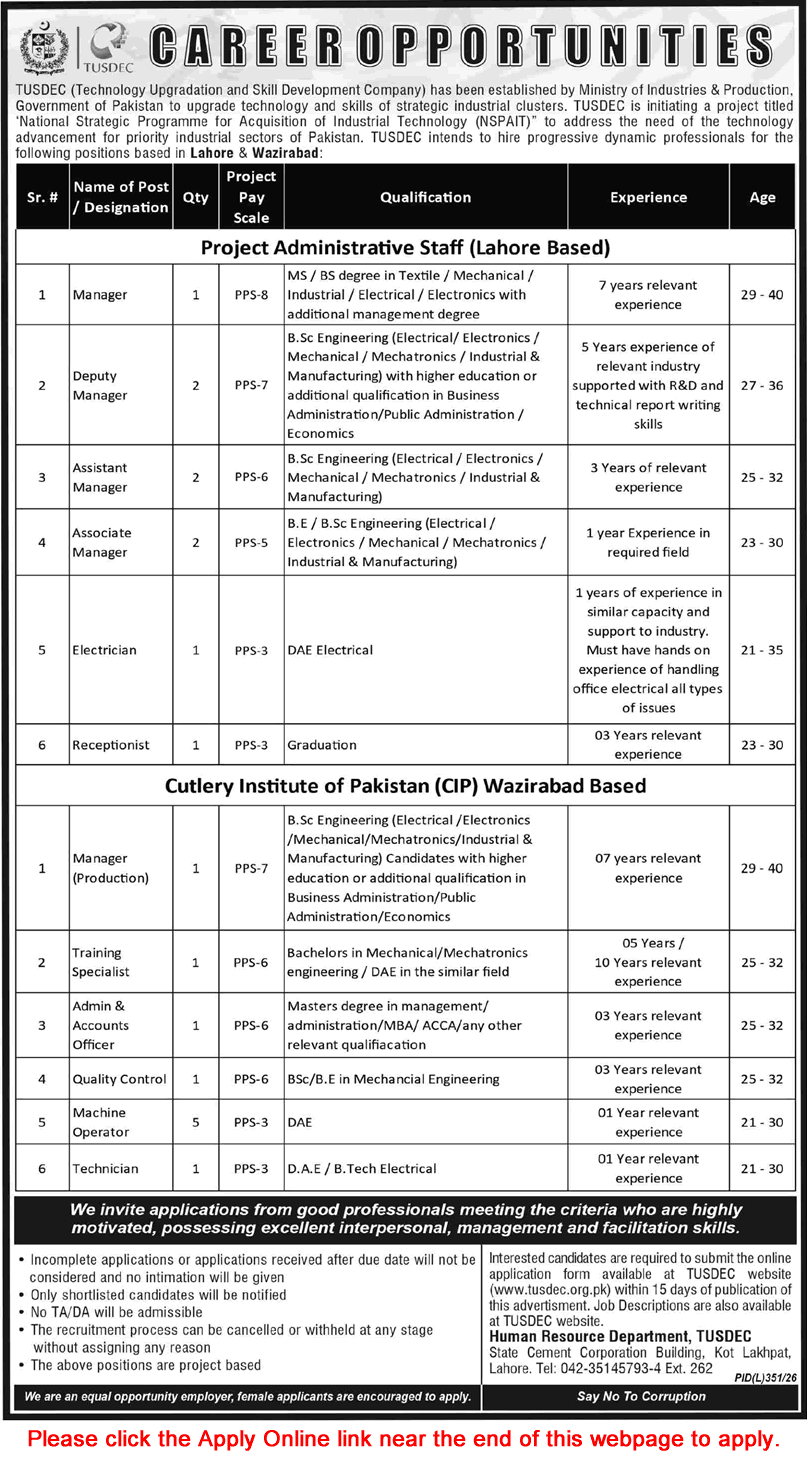 TUSDEC Jobs August 2026 Apply Online Technology Upgradation and Skills Development Company Latest - (Sunday) Dawn