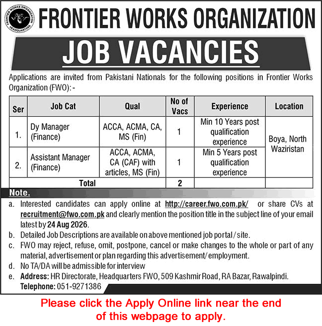 FWO Jobs August 2026 Apply Deputy / Assistant Manager Frontier Works Organization Latest - (Sunday) Nawa-i-Waqt