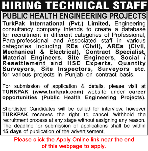 Turkpak International Pvt Ltd Jobs August 2026 Apply Online Resident Engineers, Site Inspectors & Others Latest - (Sunday) Nawa-i-Waqt