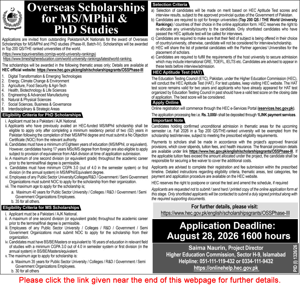 HEC Overseas Scholarships August 2026 Apply Online for MS / M Phil & PhD Studies Latest - (Sunday) Express