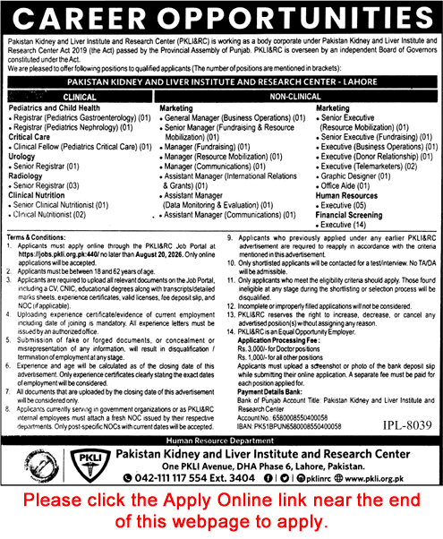 PKLI Lahore Jobs August 2026 Apply Online Pakistan Kidney and Liver Institute Latest - (Sunday) Jang