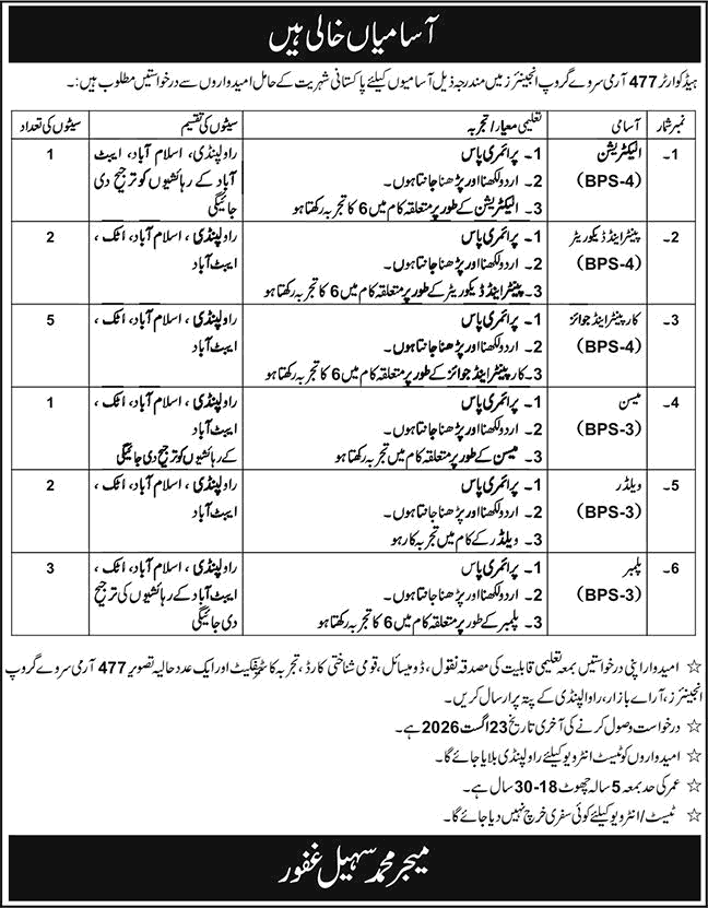 Headquarter 477 Army Survey Group Engineers Rawalpindi Jobs August 2026 Carpenters, Plumber & Others Latest - (Sunday) Nawa-i-Waqt