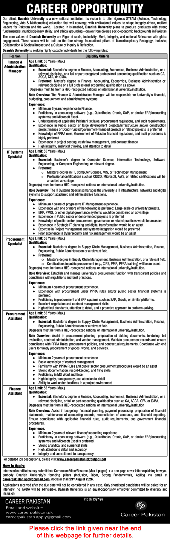 Daanish University Islamabad Jobs August 2026 IT Systems Specialist, Finance Assistant & Others Career Pakistan Latest - (Sunday) Nawa-i-Waqt