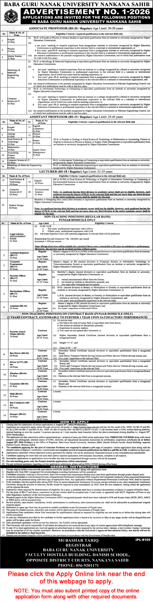 Baba Guru Nanak University Nankana Sahib Jobs August 2026 Apply Online Teaching Faculty & Others Latest - (Sunday) Jang