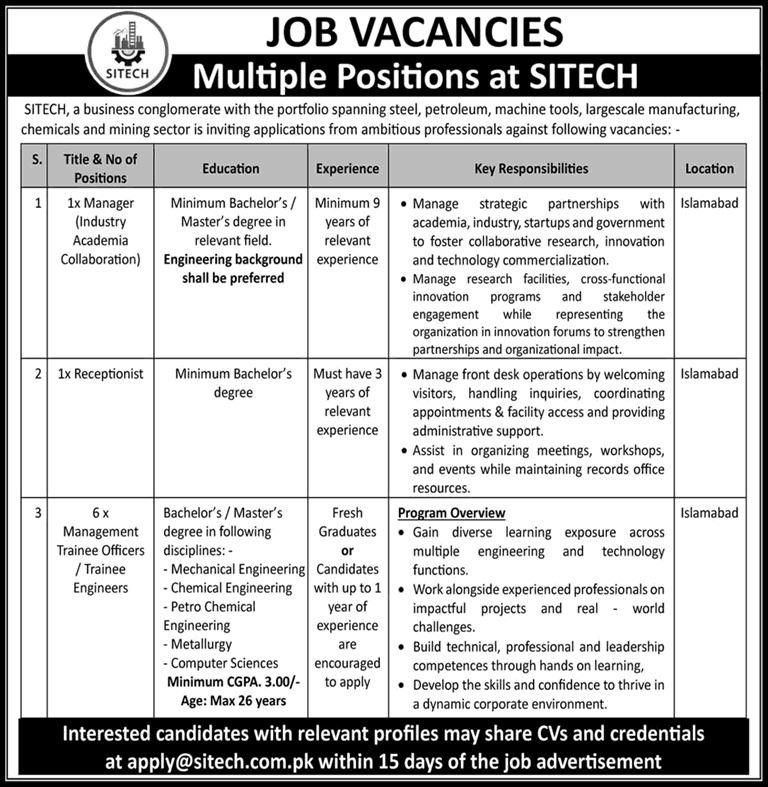 SITECH Islamabad Jobs 2026 August Management Trainee Officers / Trainee Engineers & Others Latest - (Sunday) Express