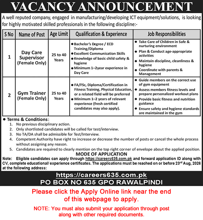 PO Box 635 GPO Rawalpindi Jobs August 2026 Apply Online Female Day Care Supervisor & Gym Trainer Latest - (Sunday) Nawa-i-Waqt