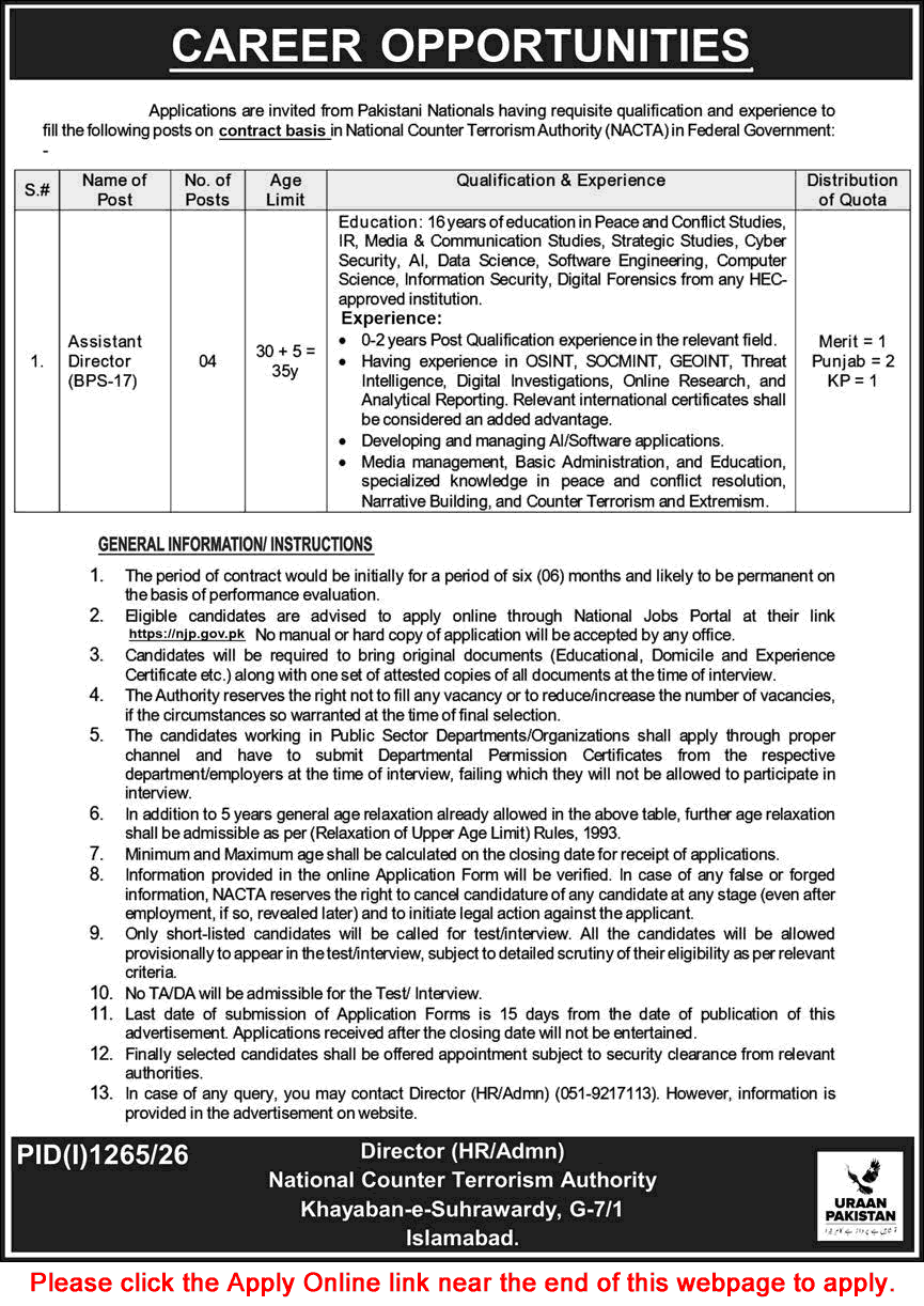 Assistant Director Jobs in NACTA 2026 August Apply Online National Counter Terrorism Authority Latest - (Sunday) Express