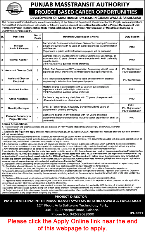 Punjab Masstransit Authority Jobs 2026 August Apply Online Quantity Surveyors, Office Assistants & Others Latest - (Sunday) Jang