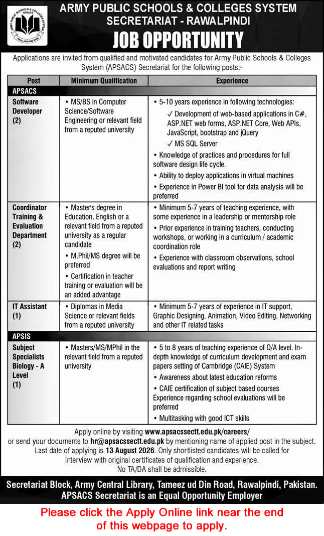 Army Public Schools and Colleges System Rawalpindi Jobs August 2026 Apply Online Software Developers & Others APS&CS Latest - (Sunday) Express