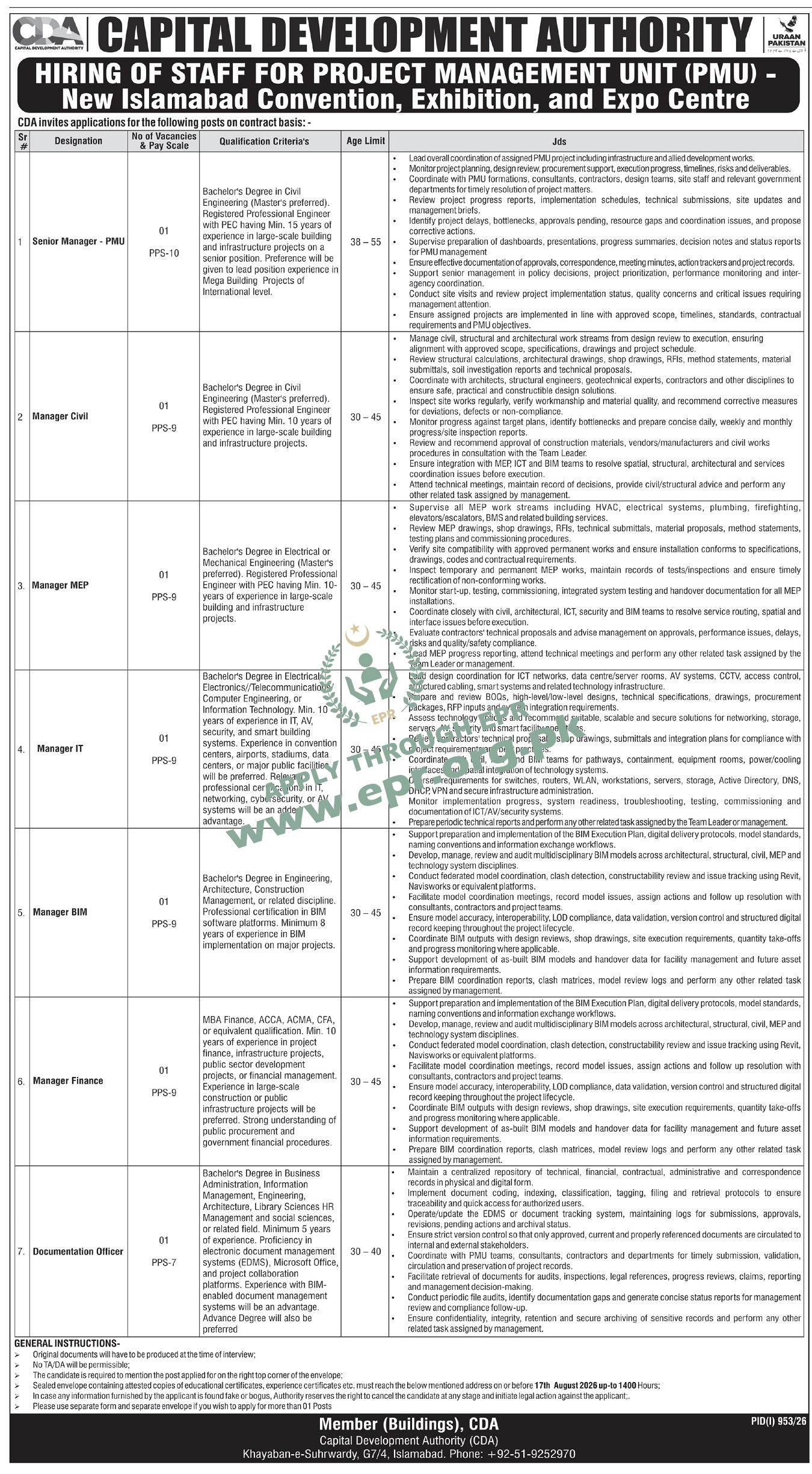 Capital Development Authority (CDA)
                                    (PID(I) 953/26 ) - Capital Development Authority (CDA)