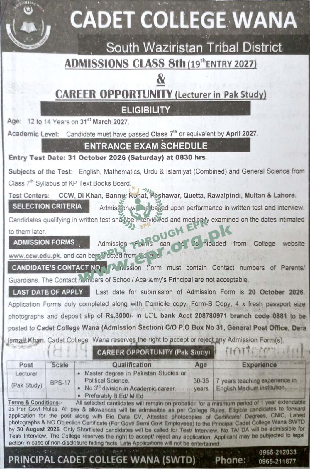 CADET COLLEGE WANA South Waziristan Tribal District
                                    (MN-0382026/01 ) - CADET COLLEGE WANA South Waziristan Tribal District