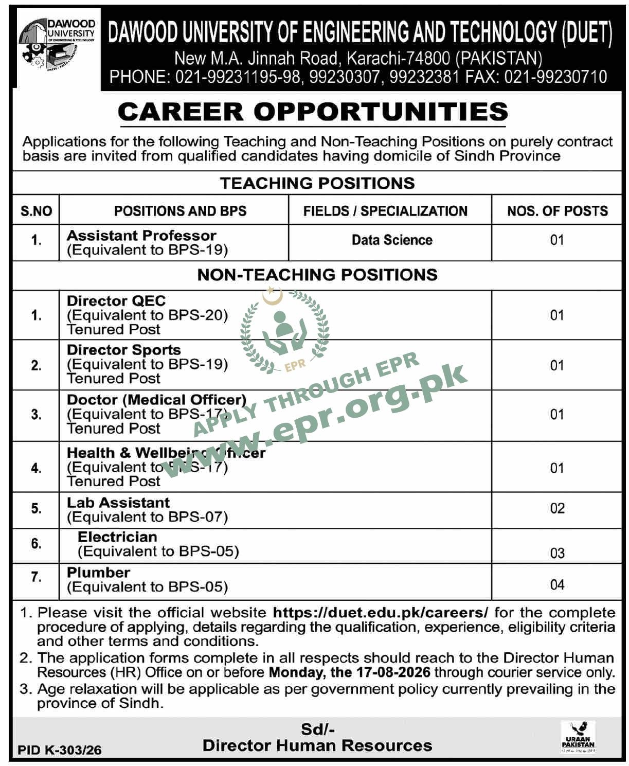 DAWOOD UNIVERSITY OF ENGINEERING AND TECHNOLOGY
                                    (PID K-303/26 ) - DAWOOD UNIVERSITY OF ENGINEERING AND TECHNOLOGY