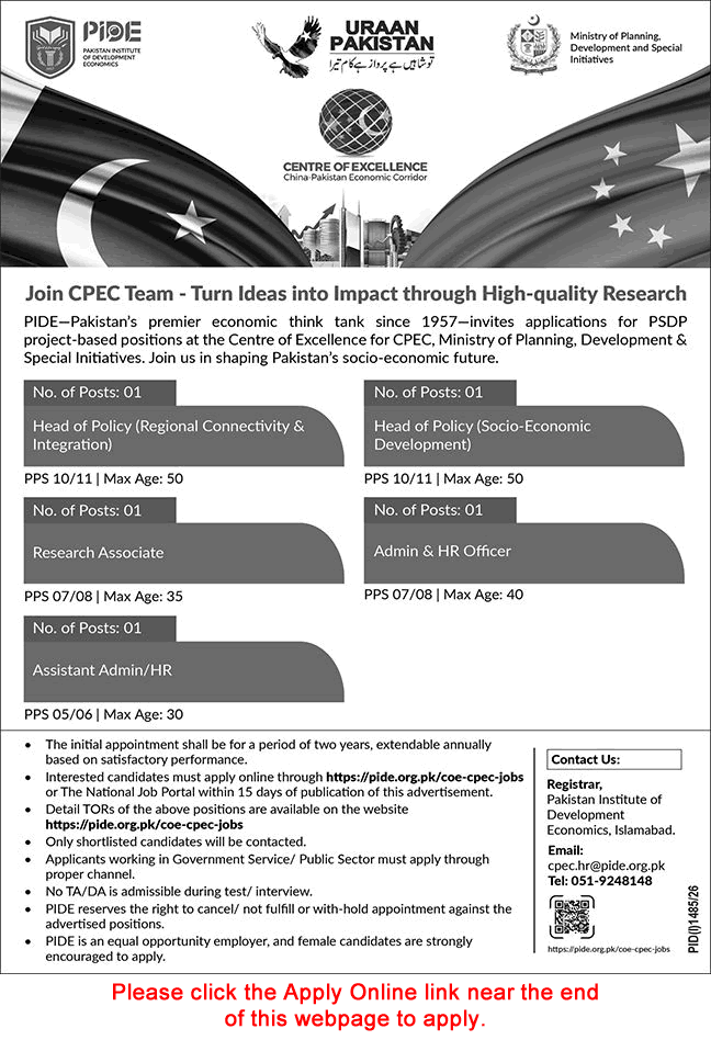 Pakistan Institute of Development Economics Jobs August 2026 Apply Online CoE CPEC PIDE Latest - (Sunday) Nawa-i-Waqt
