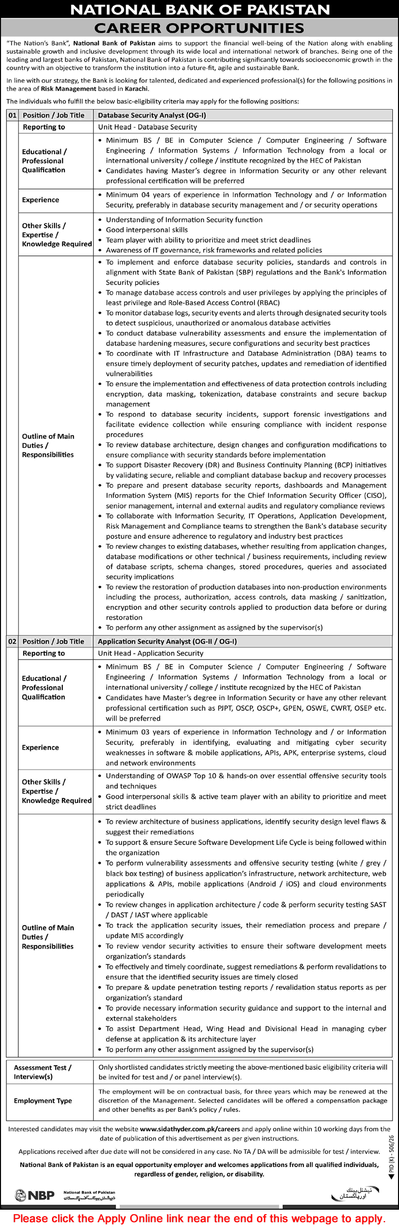 National Bank of Pakistan Jobs August 2026 Apply Online Database Security Analyst & Application Security Analyst NBP Latest - (Sunday) Dawn