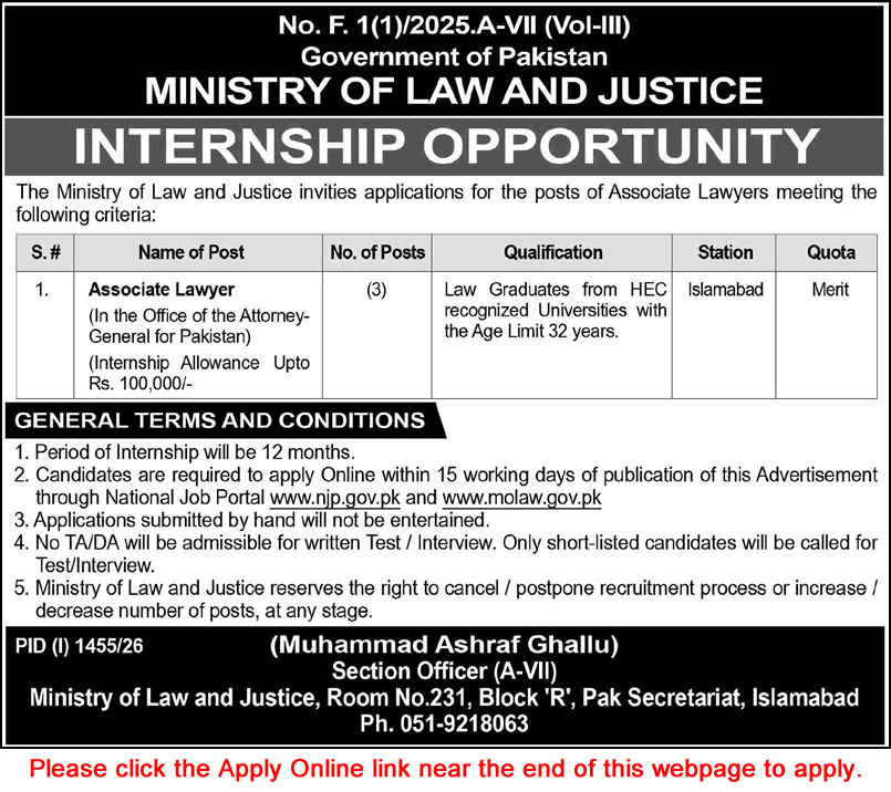 Associate Lawyer Jobs in Ministry of Law and Justice August 2026 Apply Online Internships Latest - (Sunday) Dawn