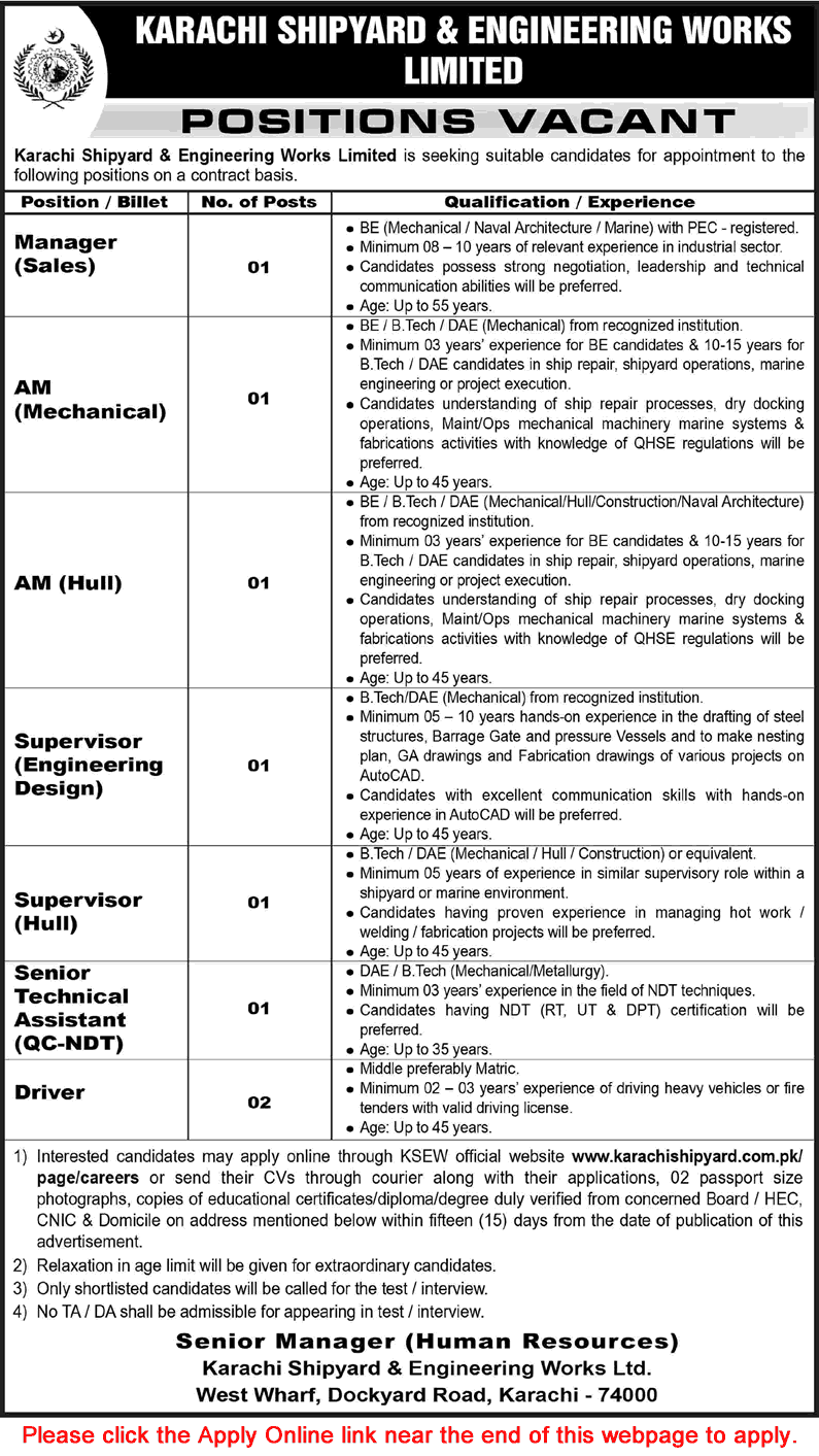 Karachi Shipyard and Engineering Works Jobs August 2026 Apply Online Assistant Managers & Others KSEW Latest - (Sunday) Dawn