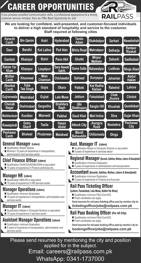 Railpass Pakistan Jobs 2026 August Booking Officers, Ticketing Officer, Accountants & Others Latest - (Sunday) The News