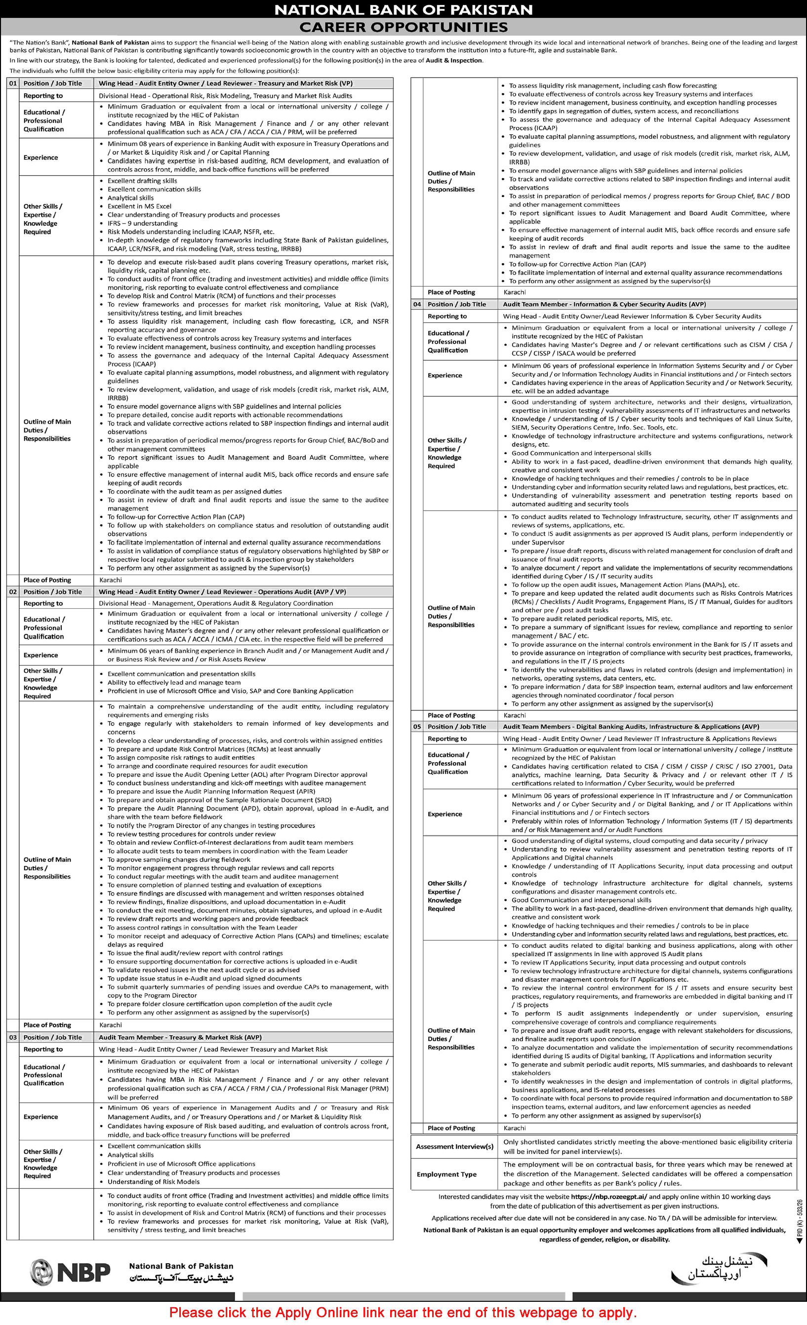 National Bank of Pakistan Jobs August 2026 Apply Online Audit Team Members & Wing Heads NBP Latest - (Sunday) Dawn