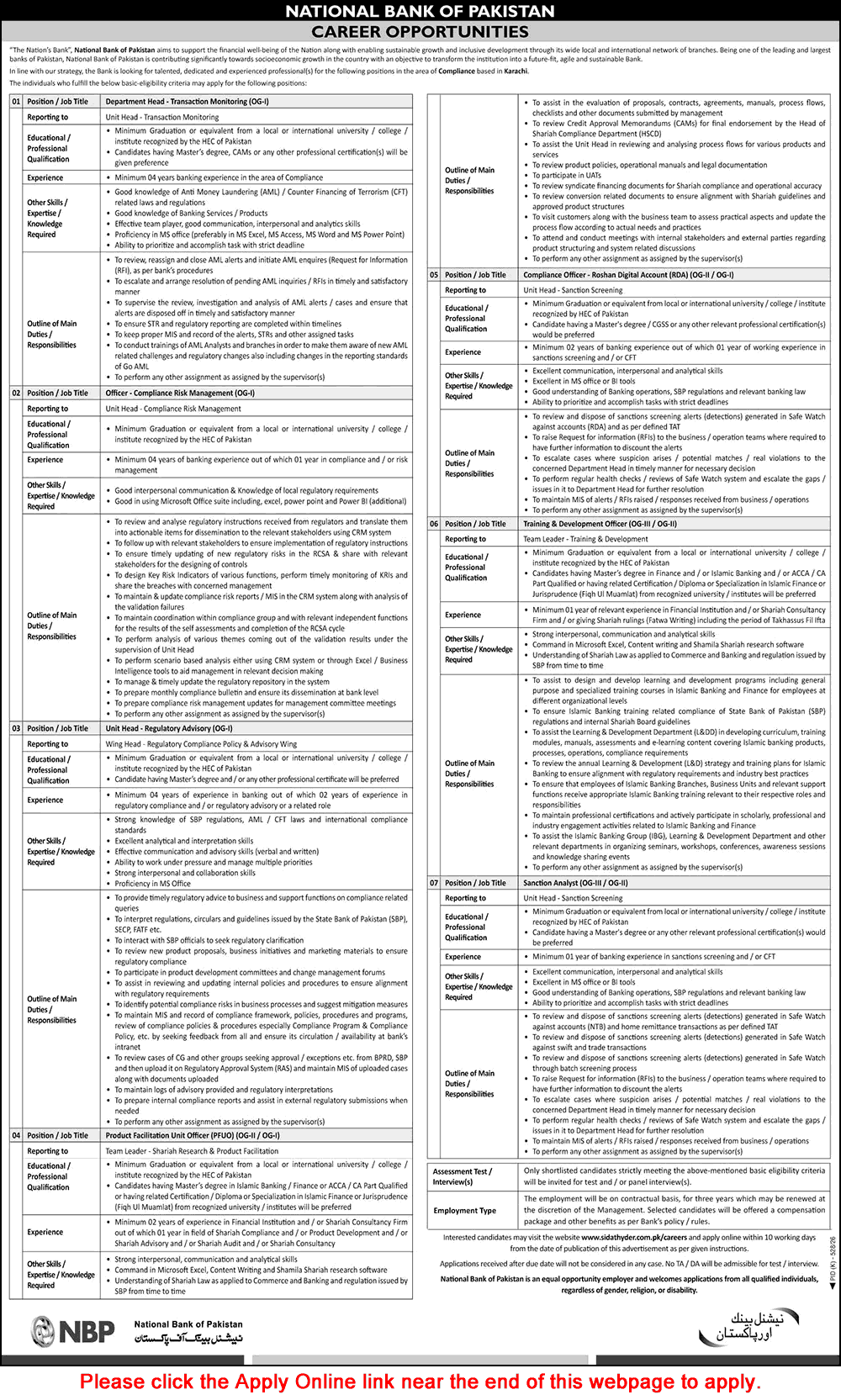 National Bank of Pakistan Jobs August 2026 Apply Online Compliance Officer, Sanction Analyst & Others Latest - (Sunday) The News