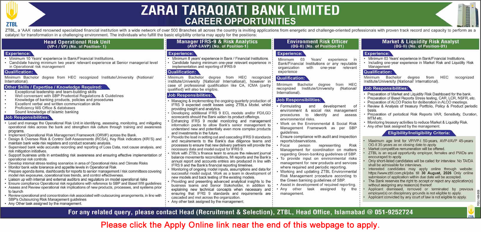 ZTBL Jobs August 2026 Apply Online Zarai Taraqiati Bank Limited Latest - (Sunday) Dawn