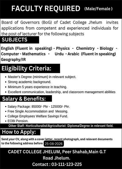 Teaching Faculty Jobs in Cadet College Jhelum August 2026 Latest - (Sunday) Express