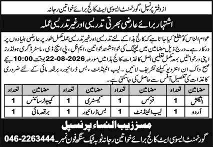 Government Associate College for Women Rajana Toba Tek Singh Jobs 2026 August Female Teachers & Others Latest - (Sunday) Express