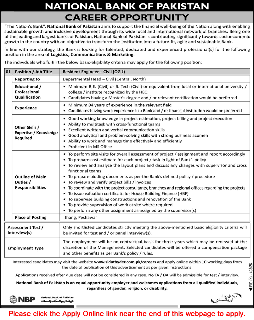 Civil Engineer Jobs in National Bank of Pakistan August 2026 Apply Online NBP Resident Engineer Latest - (Sunday) The News