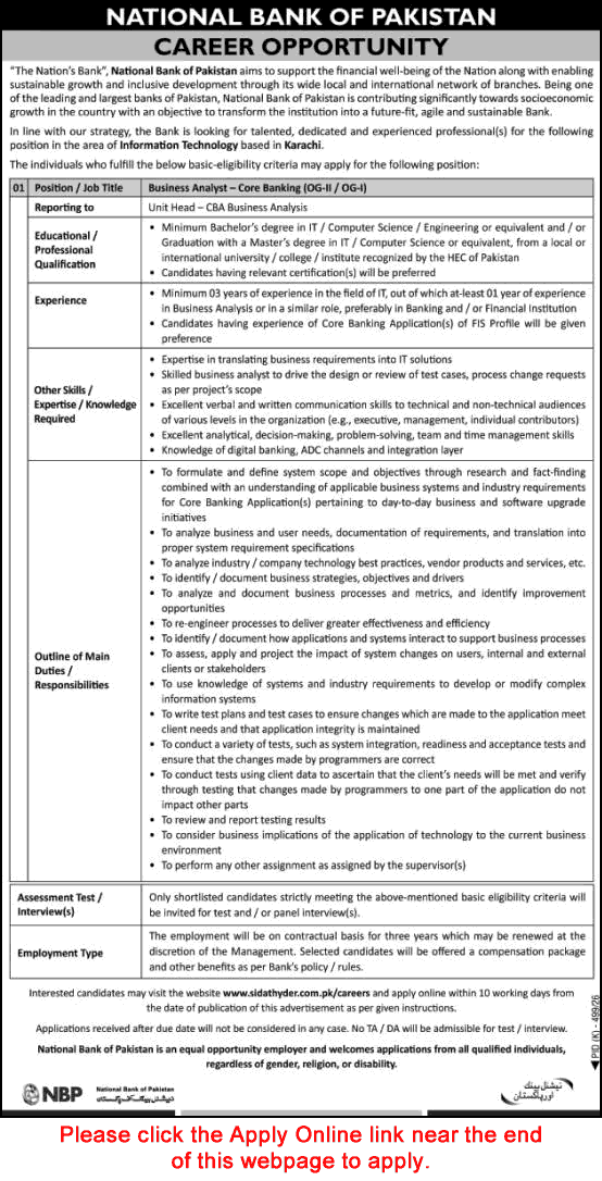 Business Analyst Jobs in National Bank of Pakistan August 2026 Apply Online NBP Latest - (Sunday) The Nation