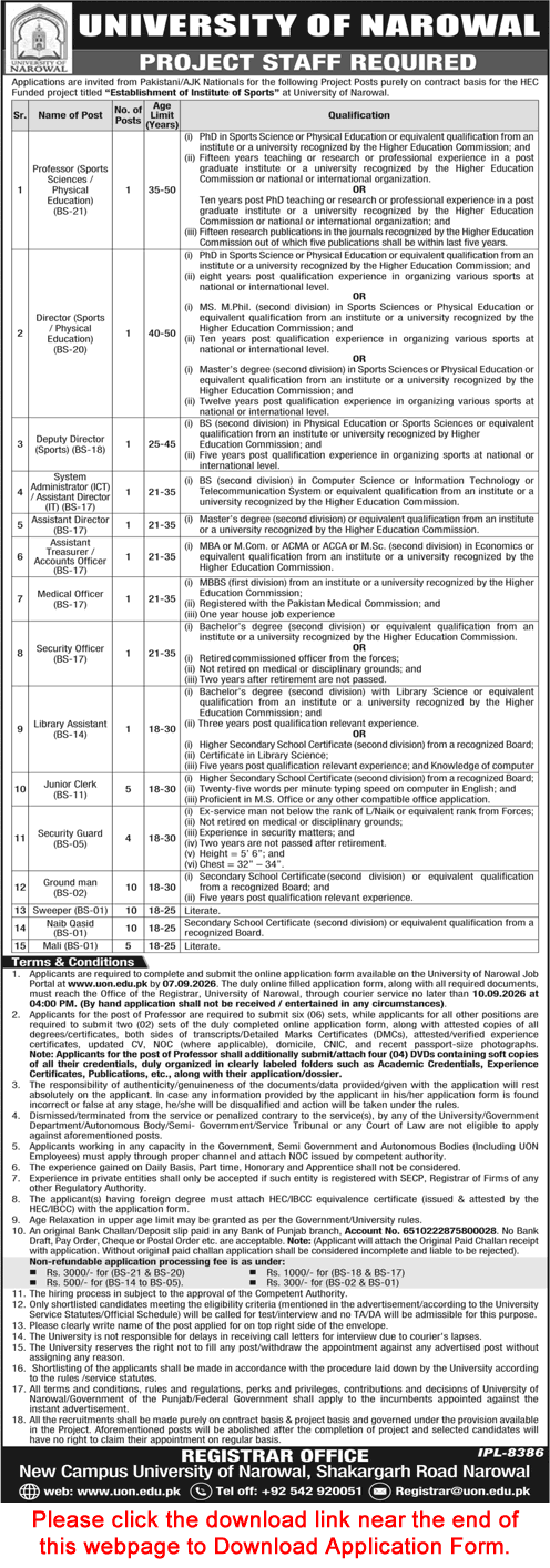 University of Narowal Jobs August 2026 Application Form Naib Qasid, Sweepers & Others Latest - (Sunday) Jang