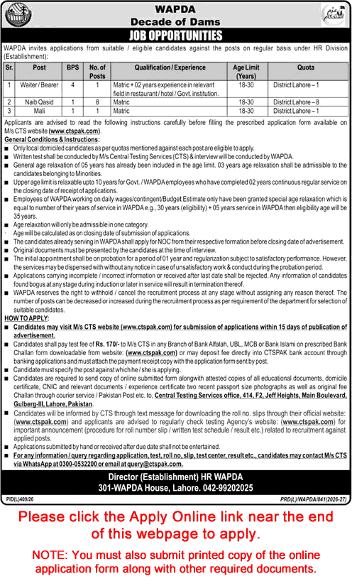 WAPDA Jobs August 2026 CTS Apply Online Naib Qasid, Waiter & Mali Water and Power Development Authority Latest - (Sunday) Jang
