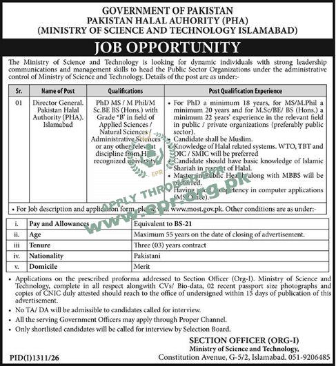 Ministry of Science and Technology, Islamabad
                                    (PID(I)1311/26 ) - Ministry of Science and Technology, Islamabad