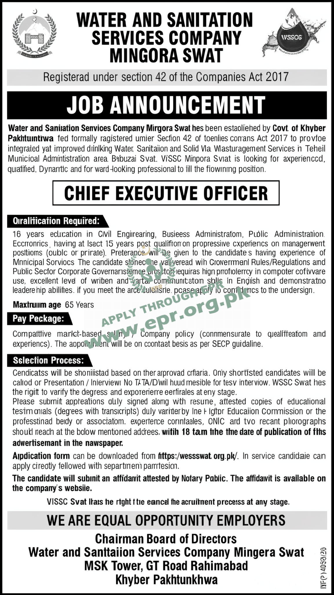 WATER AND SANITATION SERVICES COMPANY MINGORA SWAT
                                    (INF(P) 4058/26 ) - WATER AND SANITATION SERVICES COMPANY MINGORA SWAT