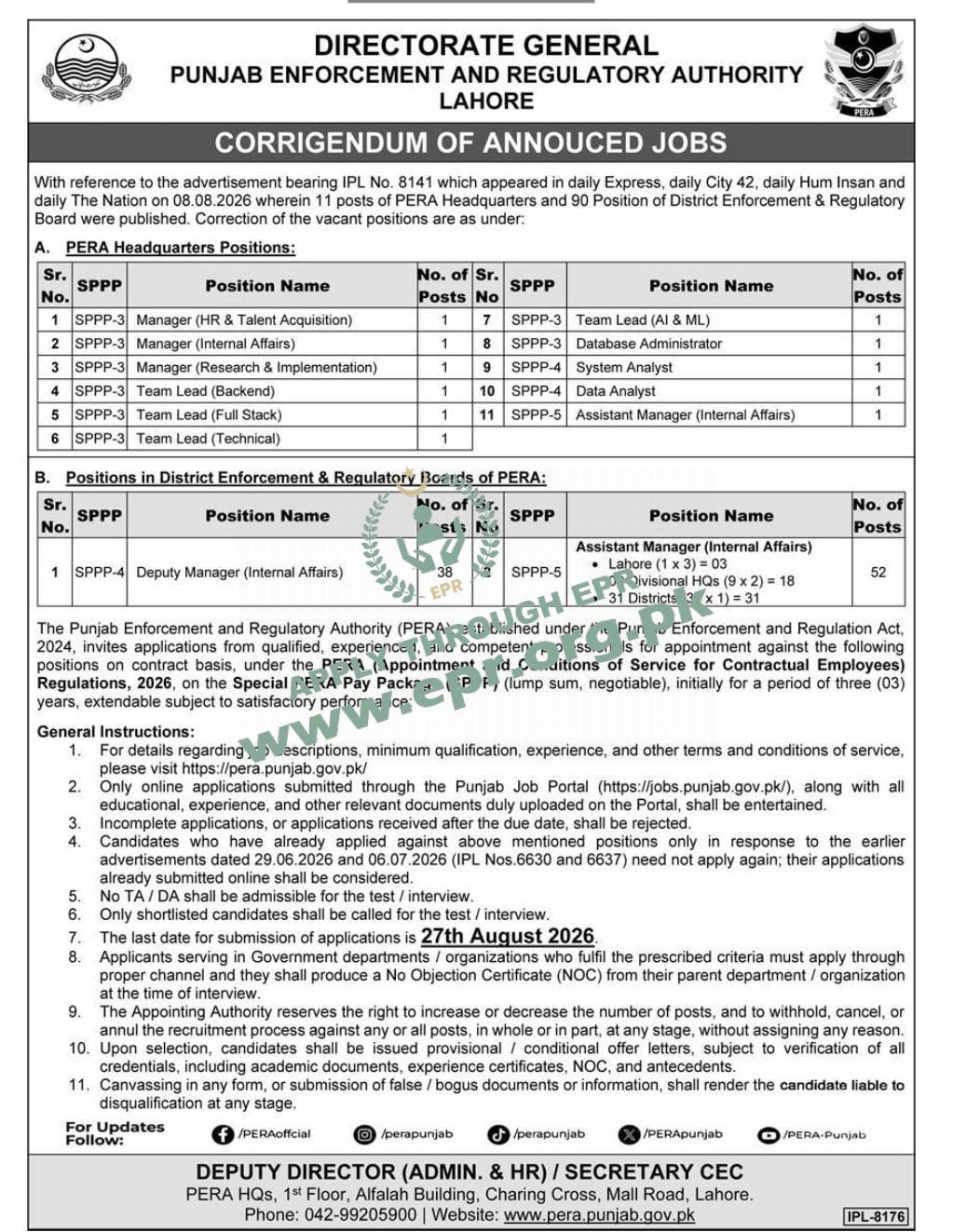 Punjab Enforcement and Regulatory Authority (PERA), Lahore
                                    (IPL-8141 ) - Punjab Enforcement and Regulatory Authority (PERA), Lahore