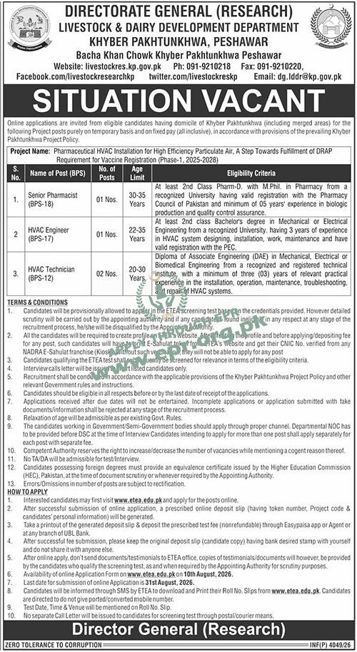 Directorate General (Research), Livestock & Dairy Development Department, Khyber Pakhtunkhwa, Peshawar
                                    (INF(P)4049/26 ) - Directorate General (Research), Livestock & Dairy Development Department, Khyber Pakhtunkhwa, Peshawar