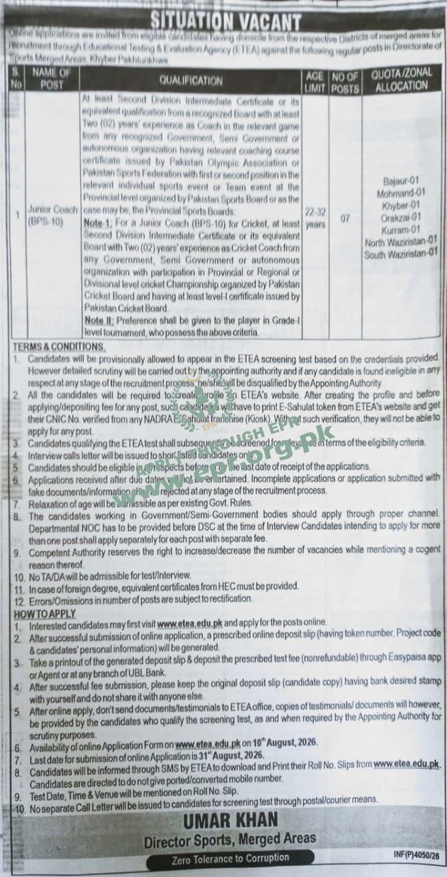 Directorate of Sports Merged Areas, Khyber Pakhtunkhwa
                                    (INF(P)4050/26 ) - Directorate of Sports Merged Areas, Khyber Pakhtunkhwa
