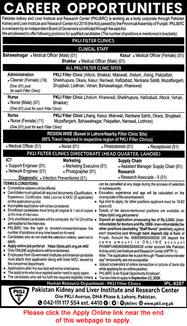 PKLI Jobs September 2026 Apply Online Pakistan Kidney and Liver Institute and Research Center Latest