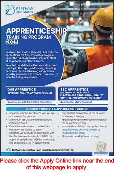 Bestway Automotive Pvt Ltd Apprenticeship Training Program September 2026 Apply Online DAE & Matriculate Apprentices Latest