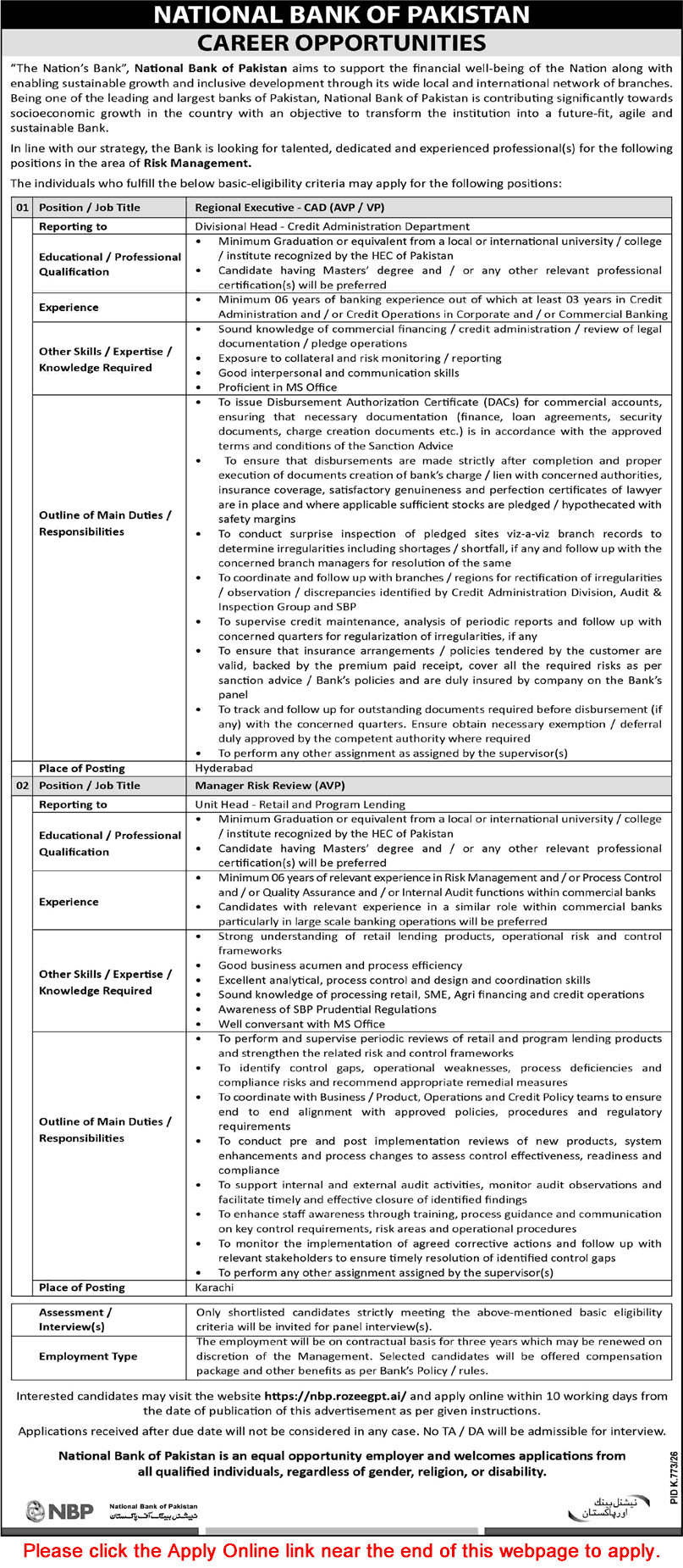 National Bank of Pakistan Jobs September 2026 Apply Online Regional Executive & Risk Review Manager Latest