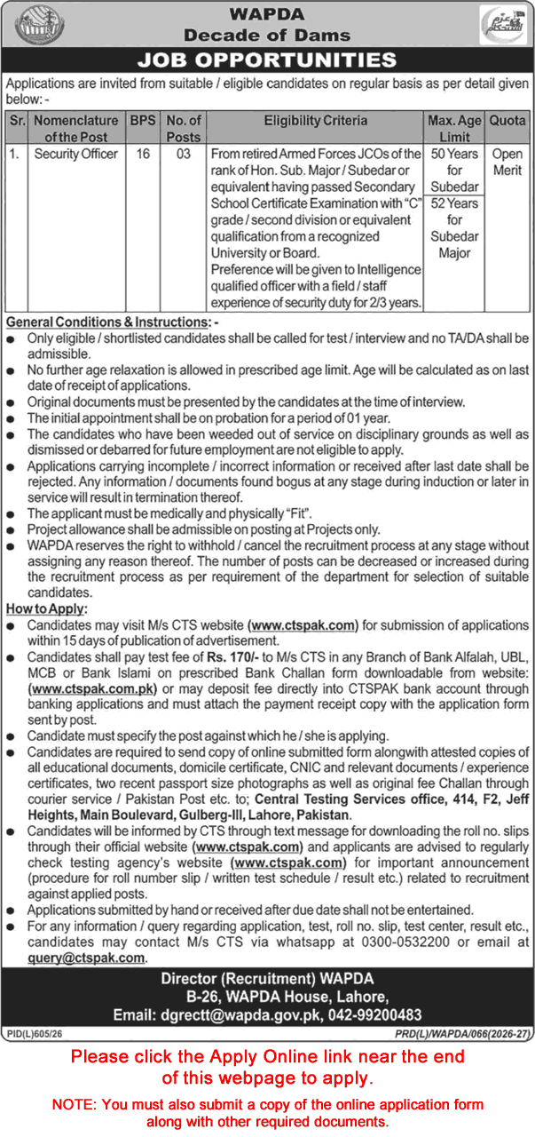 Security Officer Jobs in WAPDA September 2026 CTS Apply Online Ex / Retired Army Personnel Latest