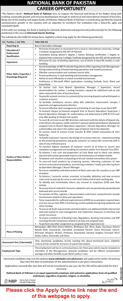 Teller Jobs in National Bank of Pakistan September 2026 Apply Online NBP Cash Officer / Cashier Latest