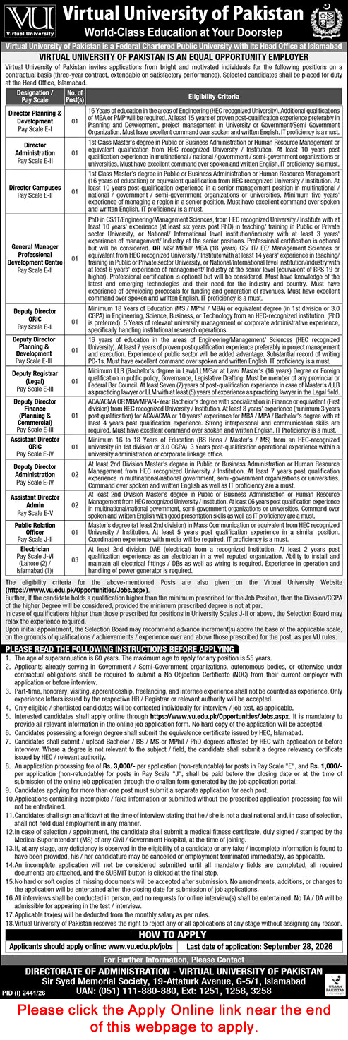 Virtual University Islamabad Jobs September 2026 Apply Online Assistant / Deputy Directors & Others Latest