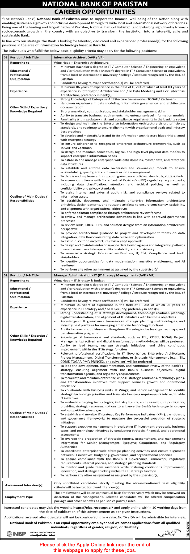 National Bank of Pakistan Jobs September 2026 Apply Online Information Architect & IT Manager Latest