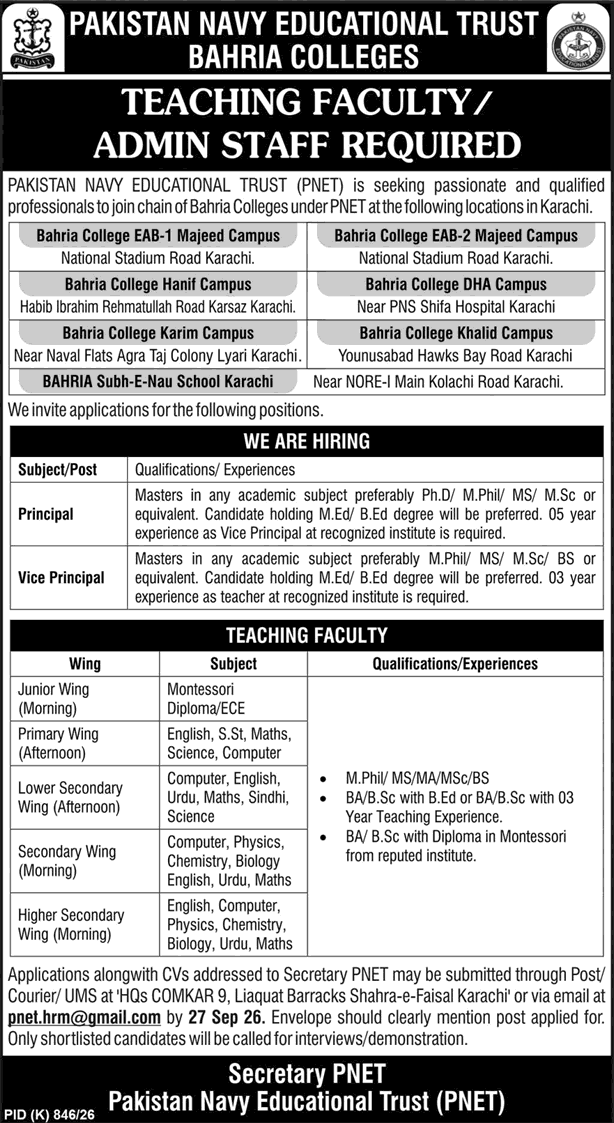 Pakistan Navy Educational Trust Jobs September 2026 Teaching Faculty & Others PNET Bahria Colleges Latest