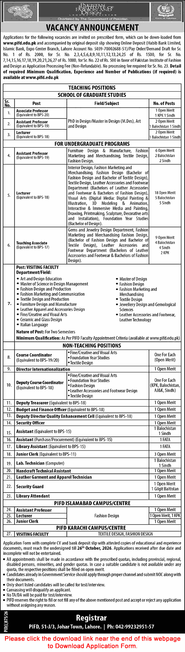 Pakistan Institute of Fashion Design Jobs October 2026 Application Form Teaching Faculty & Others PIFD Latest