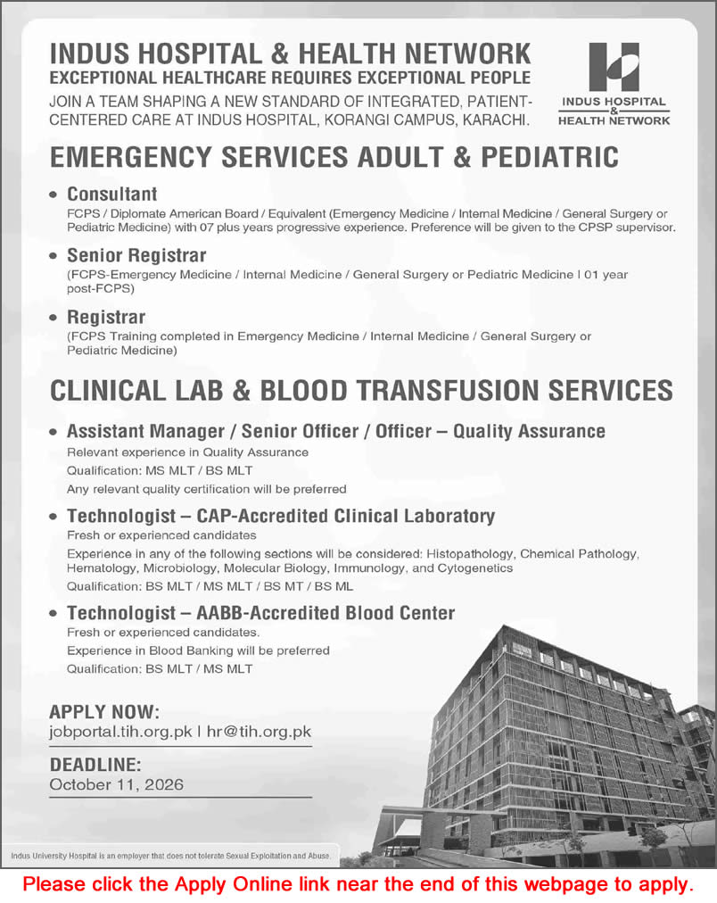 Indus University Hospital Karachi Jobs October 2026 Apply Online Medical Consultants, Registrars & Others Latest