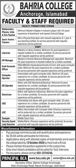 Bahria College Islamabad Jobs October 2026 Teaching Faculty & Others Latest