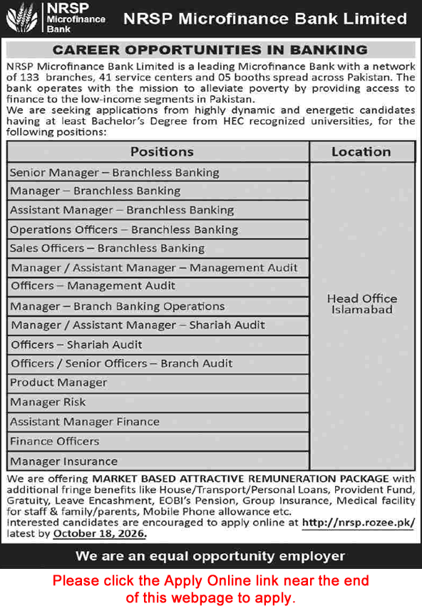 NRSP Microfinance Bank Jobs October 2026 Apply Online Finance Officers, Assistant Managers & Others Latest