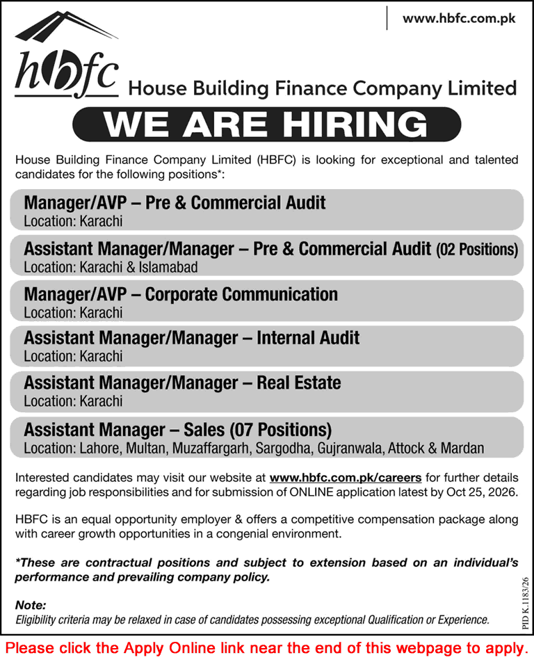 HBFC Jobs October 2026 Assistant / Managers in House Building Finance Company Limited Latest